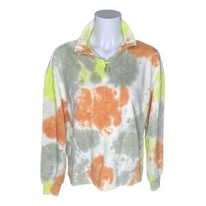 Lou & Grey Cropped Quarter Zip Sweatshirt Tie Dye Green Blue Orange Soft Small